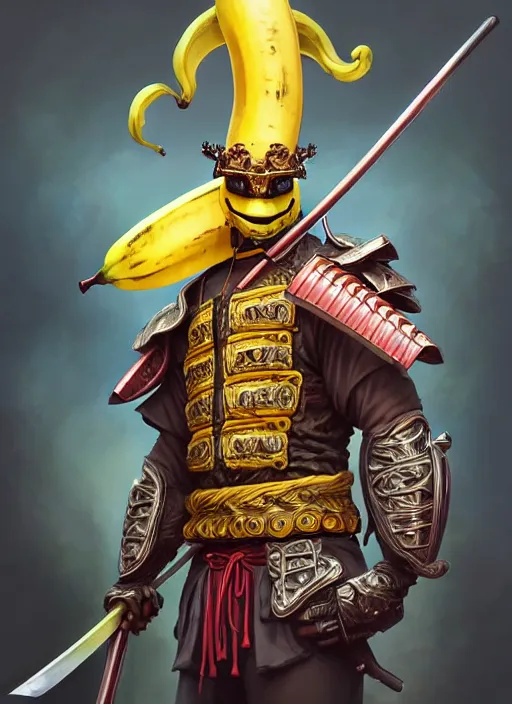 Image similar to a anthropomorphic banana wearing samurai armor, diffuse lighting, fantasy, intricate, elegant, highly detailed, lifelike, photorealistic, digital painting, artstation, illustration, concept art, smooth, sharp focus, art by frank frazetta and marco bucci and loish and rossdraws and artgerm and alphonse mucha