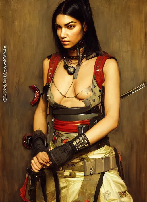 Image similar to Adriana. beautiful cyberpunk Samurai woman wearing a military vest and military jumpsuit (cyberpunk 2077). gorgeous african face. Iranian orientalist portrait by john william waterhouse and Edwin Longsden Long and Theodore Ralli and Nasreddine Dinet, oil on canvas. Cinematic, hyper realism, realistic proportions, dramatic lighting, high detail 4k