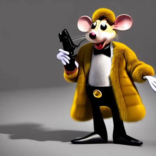 Image similar to 3d anthropomorphic rat, disney pixar, holding tommy gun, velvet, fur coat, high quality, golden necklace, fendi, high fashion