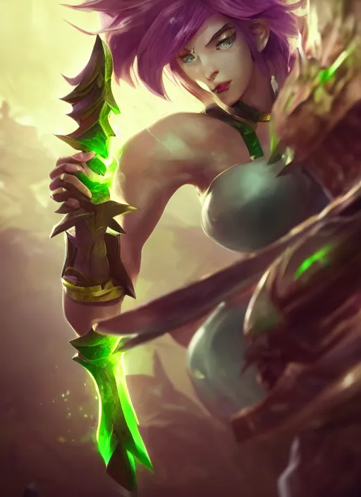 Image similar to riven from league of legends, au naturel, the exiled, fighting with green sword, hyper detailed, digital art, trending in artstation, cinematic lighting, studio quality, smooth render, unreal engine 5 rendered, octane rendered, art style by klimt and nixeu and ian sprigger and wlop and krenz cushart