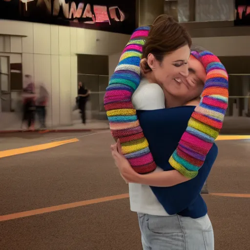 Prompt: rachel bloom hugging a person made out of socks, ultra detailed, 8 k resolution, ultrarealistic