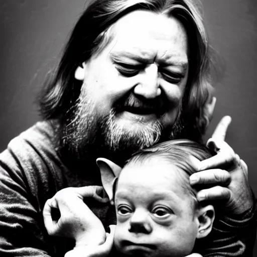 Image similar to robert wyatt cradling a goblin like a baby, photograph