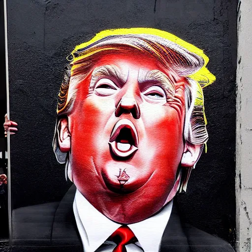 Prompt: Street-art painting of Donald Trump in style of Banksy, photorealism