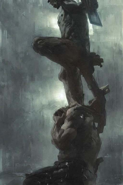 Image similar to man kneeling at the foot of a wooden cross, dramatic lighting art by Yoji Shinkawa by Richard Schmid by greg rutkowski by Sandra Chevrier by Jeremy Lipking cinematic dramatic, by frank miller, illustration by Ruan Jia and Mandy Jurgens and William-Adolphe Bouguereau, Artgerm, 4k, digital art, surreal, space dandy style, highly detailed, godsend, artstation, digital painting, concept art, smooth, sharp focus, illustration by Ruan Jia and Mandy Jurgens and William-Adolphe Bouguereau, Artgerm