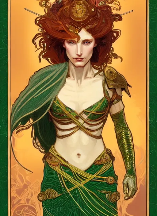 Prompt: portrait of cassandra the trojan prophetess, redgold hair, greek nose, high cheekbones, meditteranean facial features, braided redgold hair, green eyes, chiton, high fantasy, dnd, smooth, sharp focus, illustration, by rossdraws, alphonse mucha, frank fanzzeta, collectible card art