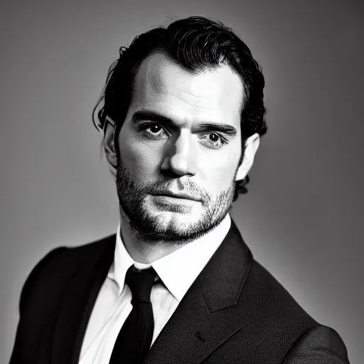 Prompt: a studio portrait of henry cavill as the next james bond, black and white, 5 0 mm 1. 2 lens, low key lighting