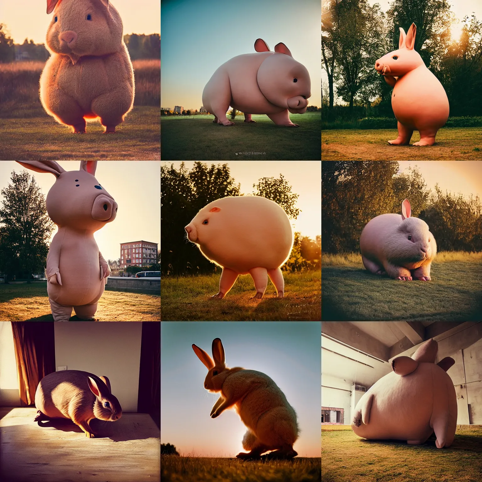 Prompt: real rabbit!!! giant oversized real piglet, in legnica, full body, cinematic focus, polaroid photo, vintage, backlighting sunset golden hour, by oleg oprisco, by thomas peschak, by discovery channel, by victor enrich, by gregory crewdson