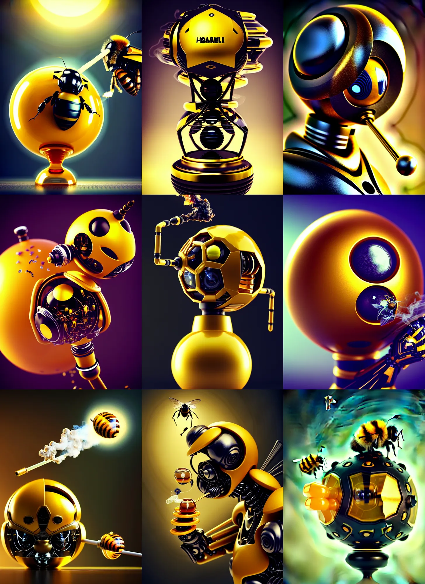 Prompt: transhuman golfball bumblebee edm cyborg smoking elaborate honey bong | ornate | glamorous oily soft polished rich enticing ornate modern | weta disney pixar movie still photo | hi - fructose, sci fi fantasy, golden ratio details, smooth, octane render, sharp focus, artstation, concept art | beeple, feng zhu, mucha, rutkowski |