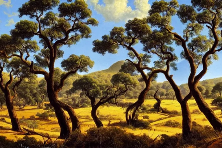 Prompt: masterpiece painting of oak trees on a hillside overlooking a creek, dramatic lighting, by albert namatjira