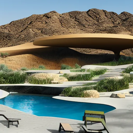Image similar to architectural rendering of biophilia building in the desert, biomimetry, pool, garden