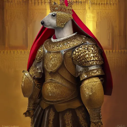 Prompt: detailed photorealistic of a capybara wearing a highly detailed ornamented gold crown with diamonds, in a medieval knight armor with red cape, standing in front of a highly detailed castle, sharp focus in the style of ruan jia, Mandy jurgens, cinematic light, concept art, trending on artstation, ultra realistic