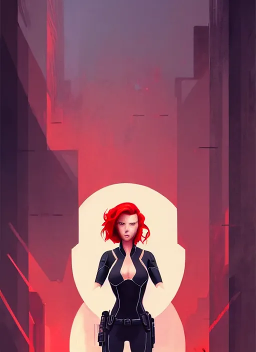 Image similar to peter mohrbacher, phil noto, artgerm, pretty scarlett johansson black widow, symmetrical eyes, long red hair, full body, city rooftop