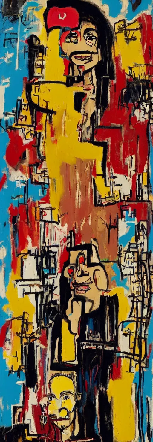 Prompt: young woman taking a selfie and smiling whilst a barn burns down in the background, jean - michel basquiat, soft edges, subtle calm and serene painting