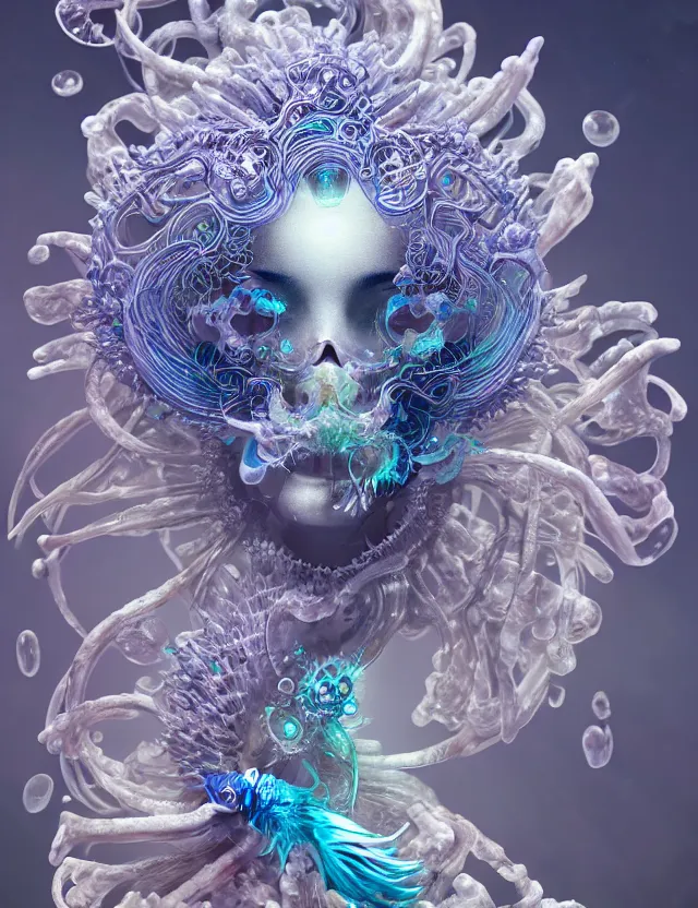 Image similar to goddess macro close - up portrait in crown made of ram skull. betta fish, jellyfish phoenix, bioluminiscent, plasma, ice, water, wind, creature, super intricate ornaments artwork by tooth wu and wlop and beeple and greg rutkowski