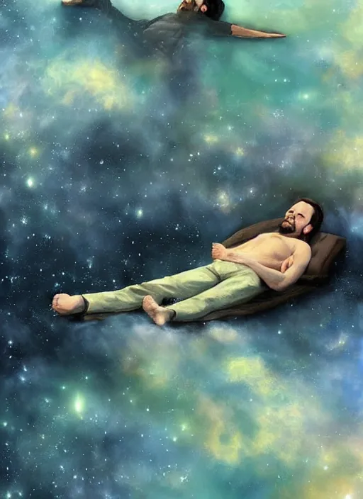 Prompt: alan watts laying down floating in the universe full body romanticism style painting highly detailed realism, featured on artstation