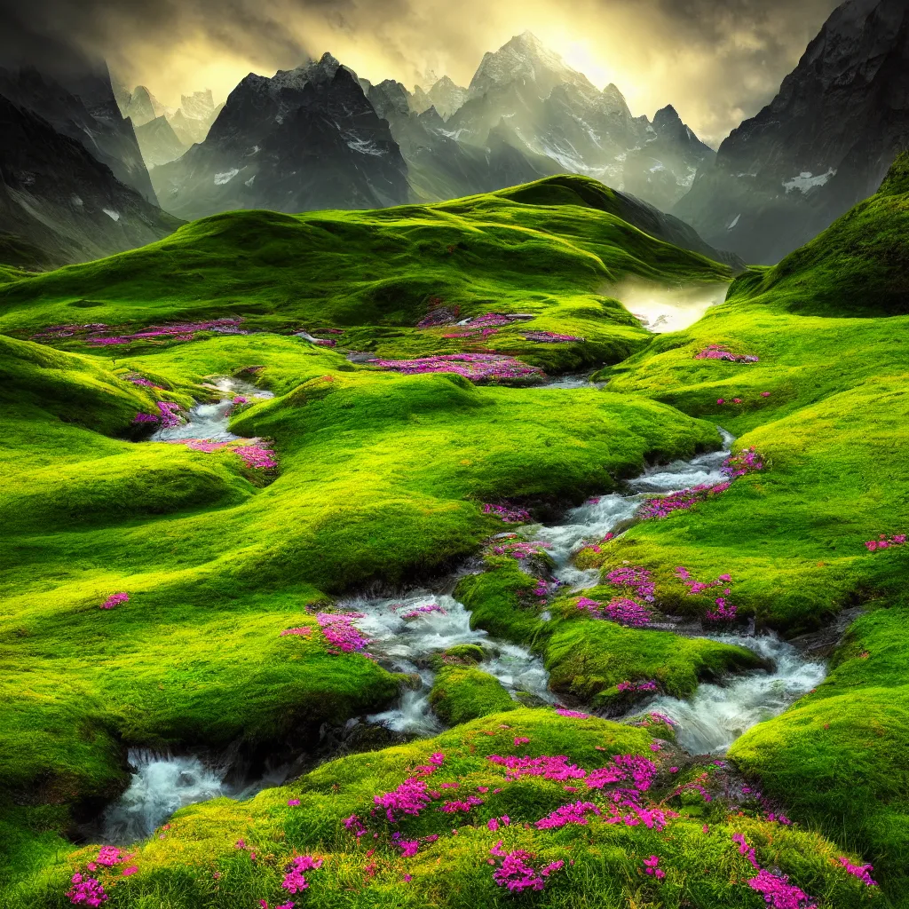 Image similar to amazing landscape photo of switzerland green spring with flowers by marc adamus, beautiful dramatic lighting