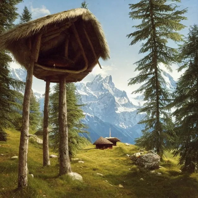Image similar to a small hut with a pointed wooden roof, a round window, behind 3 large fir trees, in the background the swiss alps, artem demura