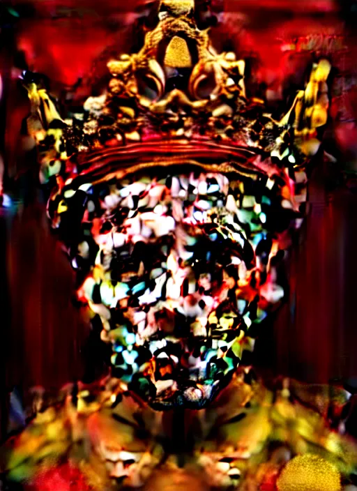 Image similar to 'Portrait of Crowned King Arthur' by Lee Jeffries royally decorated, whirling plasma, atmospheric motes, red and gold Sumptuous garb, gilt silk fabric, radiant colors, fantasy, perfect lighting, studio lit, micro details,