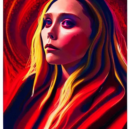 Image similar to a psychedelic painting of elizabeth olsen in a red wizards robe casting an evil spell, detailed face, red swirls, ominous lighting, night time, high quality