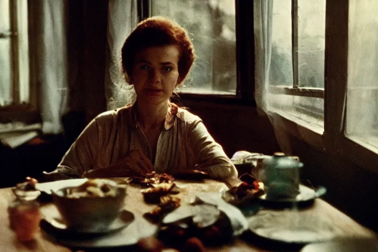 Image similar to soviet movie still a soviet woman sitting at a table next to the window with food, dark warm light, a character portrait by margarita terekhova, movie stalker solaris film still by andrei tarkovsky, 8 k, 1 9 8 4, close - up bokeh, gelios lens, color, noir