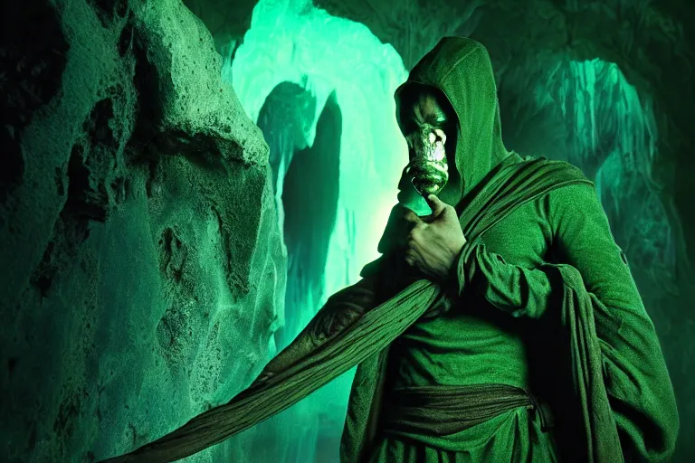 Image similar to vfx film, soul reaver, raziel irl, price of persia movie, missing jaw, hero pose, devouring magic souls, scarf, hood, glowing green soul blade, in epic ancient sacred huge cave temple, flat color profile low - key lighting award winning photography arri alexa cinematography, hyper real photorealistic cinematic beautiful, atmospheric cool colorgrade