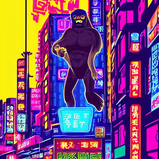 Prompt: king Kong in a cyberpunk japanese city, neon colors, digital art, well detailed, by Stephen king