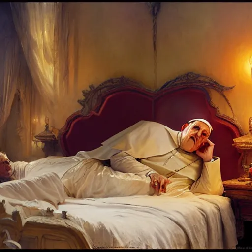 Image similar to the catholic pope in his bed, terrified, because a horned shadow demon is approaching his bed. highly detailed painting by gaston bussiere, greg rutkowski, craig mullins 8 k