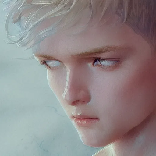 Prompt: young boy, white hair, gorgeous, amazing, delicate, elegant, intricate, highly detailed, watercolor, portrait, artstation, concept art, sharp focus, illustration, art by artgerm and greg rutkowski and alphonse mucha
