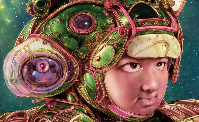 Prompt: a baroque neoclassicist renaissance close - up portrait of a green and pink iridescent whimsical 1 8 0 0 s japanese mecha gundam baby with big glowing eyes. reflective detailed textures. puffy clouds, dark black background. highly detailed fantasy science fic tion painting by moebius, norman rockwell, frank frazetta, and syd mead. rich colors, high contrast. artstation