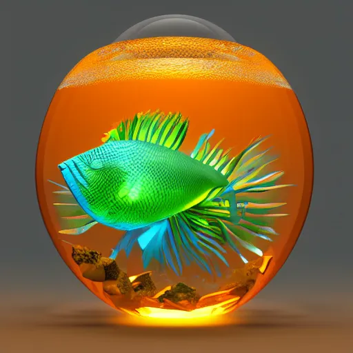 Prompt: 3 d render of a tropical fish in a fishbowl, fantasy art, photo studio, artstation trend, hdr