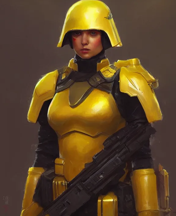 Image similar to female imperial guard fighter cosplay, modelling, posing, flak armor, yellow uniform, shemag, quality lighting, dark colors, maximalism, ultra facial detail, Tooth Wu Artgerm Greg Rutkowski artstation deviantart, 8k, fanart, extreme aesthetic