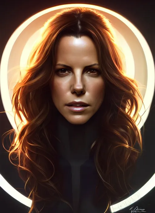 Image similar to symmetry!! portrait of kate beckinsale, sci - fi, gateway to another dimension, tech wear, glowing lights!! intricate, elegant, highly detailed, digital painting, artstation, concept art, smooth, sharp focus, illustration, art by artgerm and greg rutkowski and alphonse mucha