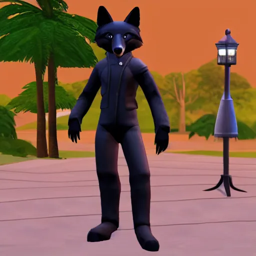 Prompt: humanoid anthropomorphic black fox as a character in The Sims 4, in game screenshot