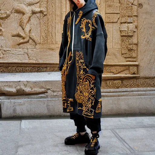 Prompt: streetwear cyberpunk cloak baggy wavy textile design greek pottery gold embroidery ancient artiface lines intricate model photograph hdr