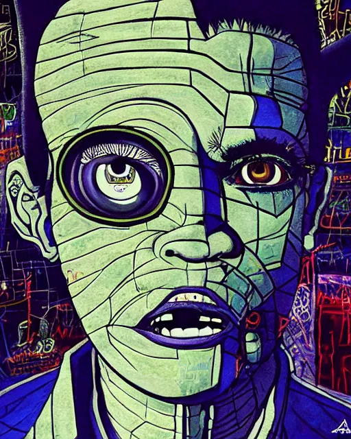 Prompt: a cyberpunk portrait of a gargoyle by jean - michel basquiat, by hayao miyazaki by artgerm, highly detailed, sacred geometry, mathematics, snake, geometry, cyberpunk, vibrant, water