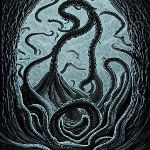 Image similar to lovecraftian eldritch being, made of dark matter, formless, realistic eerie fantasy illustration
