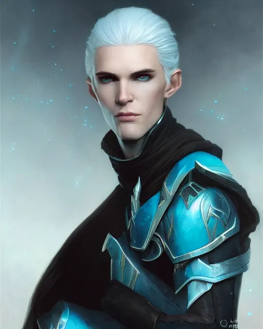 Image similar to character portrait of a slender young half elven man with white hair, piercing turquoise blue eyes, and pale blue skin, wearing sleek pearlescent black armor, by greg rutkowski and mark brookes and jim burns and tom bagshaw and magali villeneuve, trending on artstation