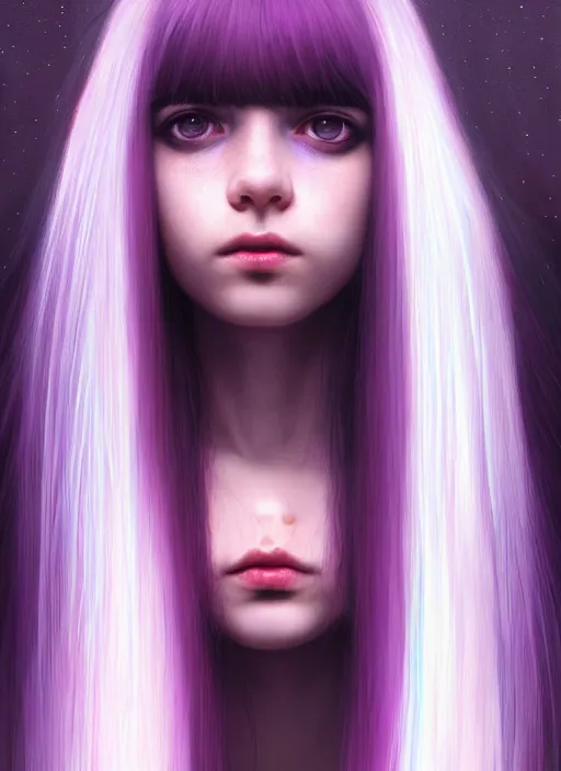 Image similar to hair whitebangs hair, black hair, whitebangs, portrait of teenage girl with white bangs, red irises, purple clothes, white bangs, bangs are different color from hair, intricate, elegant, glowing lights, highly detailed, digital painting, artstation, concept art, smooth, sharp focus, illustration, art by wlop, mars ravelo and greg rutkowski