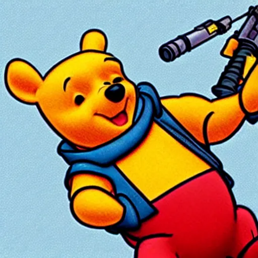 Image similar to winnie the pooh wearing a full suit of space marine power armor and wielding a boltgun
