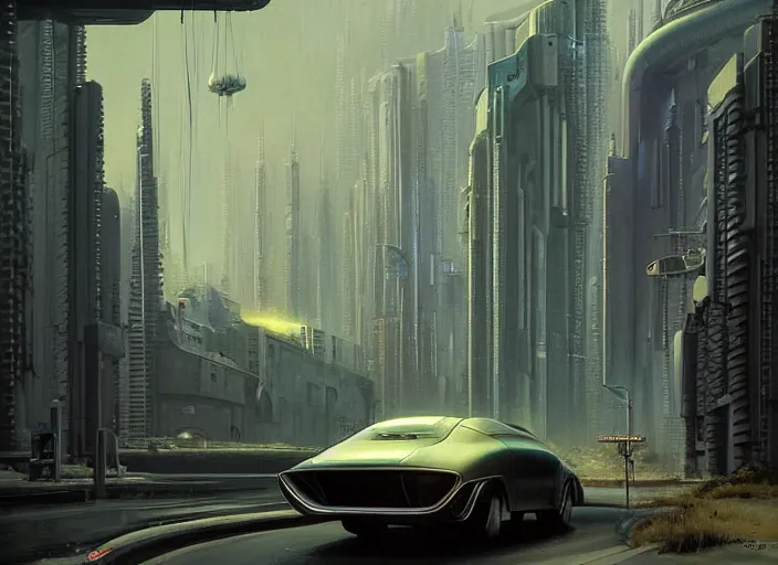 Image similar to a car driving down a street next to tall Forest-1 the night, cyberpunk art by Chesley Bonestell, cgsociety, retrofuturism, matte painting, reimagined by industrial light and magic