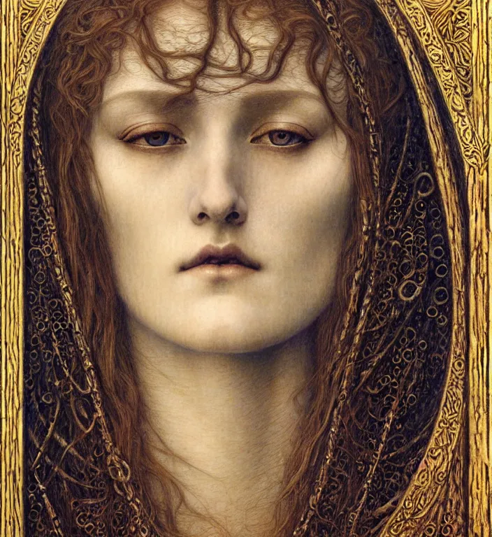 Image similar to detailed realistic beautiful young medieval queen face portrait by jean delville, gustave dore and marco mazzoni, art nouveau, symbolist, visionary, gothic, pre - raphaelite. horizontal symmetry