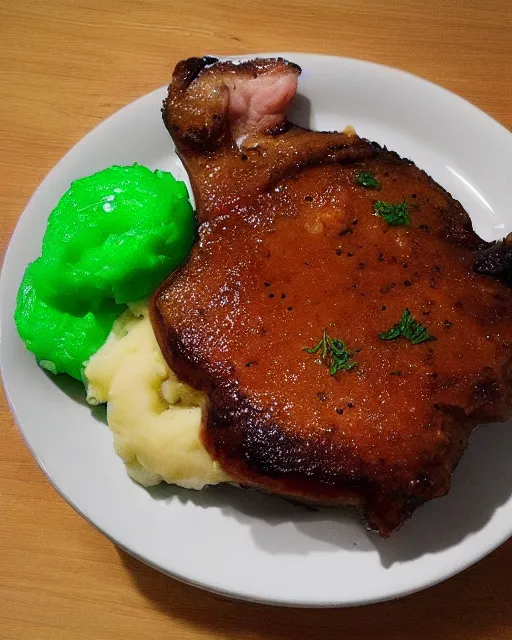 Image similar to green gamer LED porkchops and mashed potatos by razer, HD, trending on artstation, instagram post, lights in food, bright food, LED