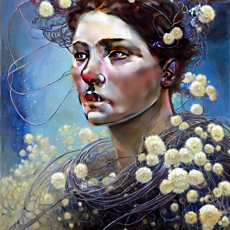 Image similar to hyperrealist realistic wonderful face portrait of a 2 0 4 4 space sport engineer, it is decorated with long wires and white flowers that fall like vines and wears a huge computer crown. by jeremy mann and alphonse mucha, fantasy art, photo realistic, dynamic lighting, artstation, poster, volumetric lighting, very detailed faces, 4 k, award winning