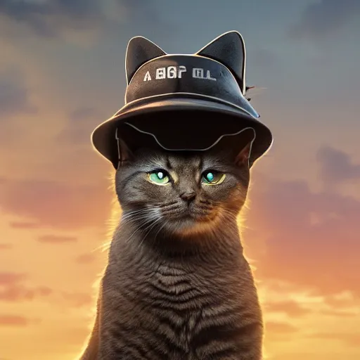 Image similar to a cat wearing a general\'s hat, it has an arrogant look in it\'s eyes and looks down at you, a war torn city in the background, epic full shot, cinematic lighting, matte painting, Artstationhd, 8k, , award winning on Artstation, hyper detailed, hyper realistic