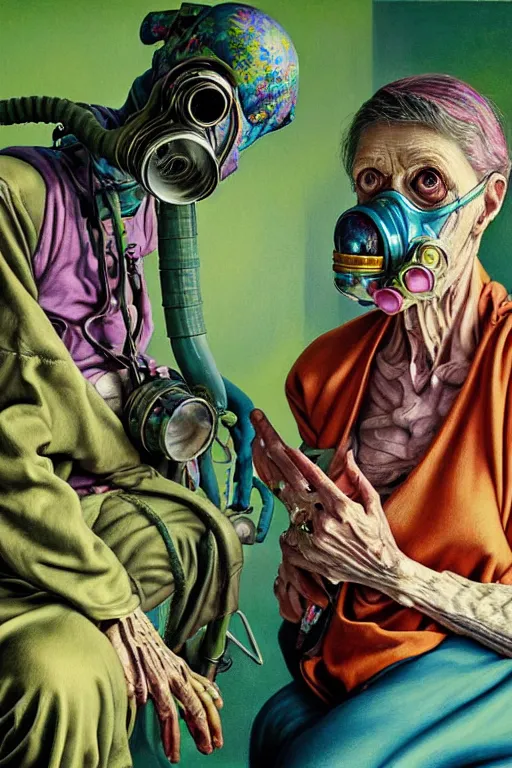 Prompt: two frail, skinny old people draped in fleshy green and pink, wearing ornate gas masks, sitting next to a fire with blue flames, inside an dystopian, abandoned hospital room, ayami kojima, greg hildebrandt, mark ryden, hauntingly surreal, eerie vibrating color palette of charlie immer, highly detailed painting by, jenny saville, soft light 4 k