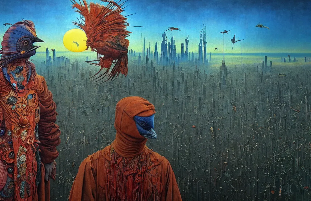 Image similar to realistic detailed portrait movie shot of a birdman wearing dark ragged robes, futuristic city sunset landscape background by denis villeneuve, amano, yves tanguy, alphonse mucha, ernst haeckel, max ernst, roger dean, masterpiece, deepdream, rich moody colours, bird head, blue eyes, hyperdetailed