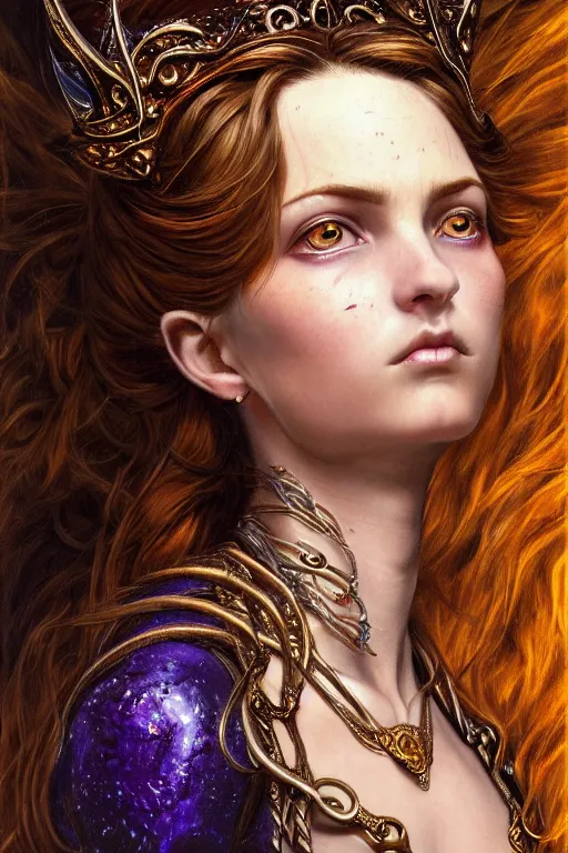 Prompt: high quality extremely detailed closeup portrait of a young gorgeous female warlock looking away from the camera, realistic eyes, sparkle in eyes, no hands visible, fantasy, d & d, intricate, painting by lucian freud and mark brooks, hd