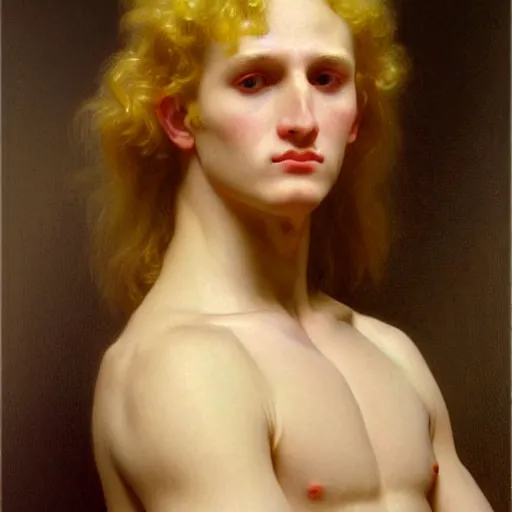 Image similar to PORTRAIT Painting of an albino germanic male Venus Apollo. LONG CURLY light blond hair. Sharp angular face high cheekbones hooked nose. Art by william adolphe bouguereau. During golden hour. Extremely detailed. Beautiful. 4K. Award winning.