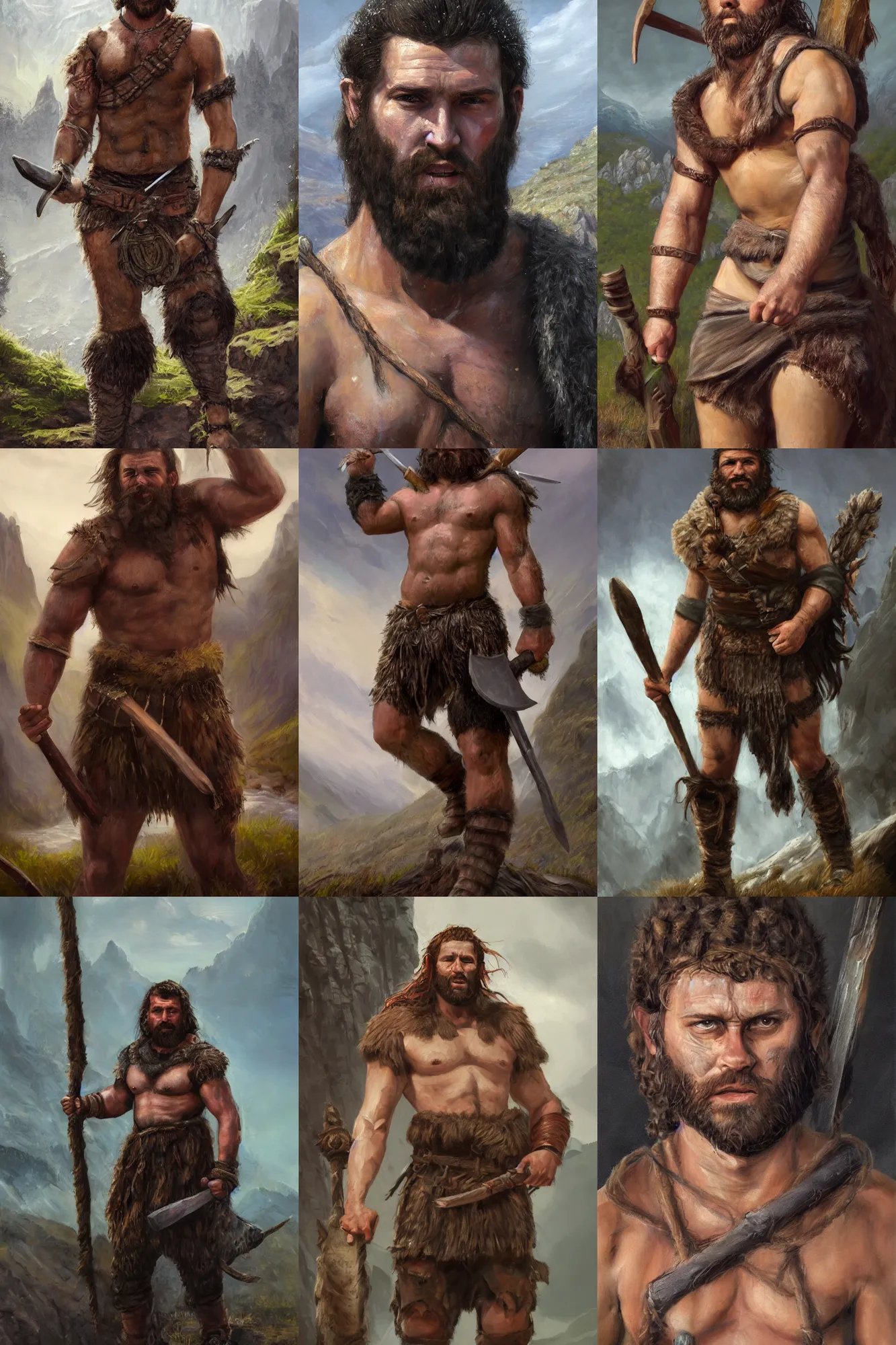 Prompt: a full body high detail fantasy portrait oil painting illustration of a single young rugged stoic barbarian man by Justin Sweet with face and body clearly visible, in a scenic background, pupils visible, realistic proportions, d&d, rpg, forgotten realms, artstation trending, high quality, sombre mood, artstation trending, muted colours, no crop, entire person visible!, natural light, Adobe Photoshop, Adobe Lightroom, photolab, Affinity Photo,