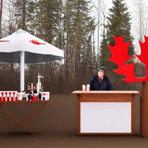 Image similar to a moose with maple leaf antlers selling coffee at a stand, realistic, 8 k